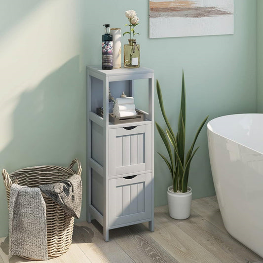 Modern Farmhouse 2-Drawer Bathroom Floor Cabinet with Shelf in Grey Wood Finish