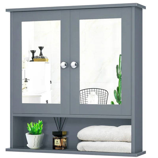 Grey Wood Bathroom Wall / Medicine Cabinet with Mirrored Doors and Shelf