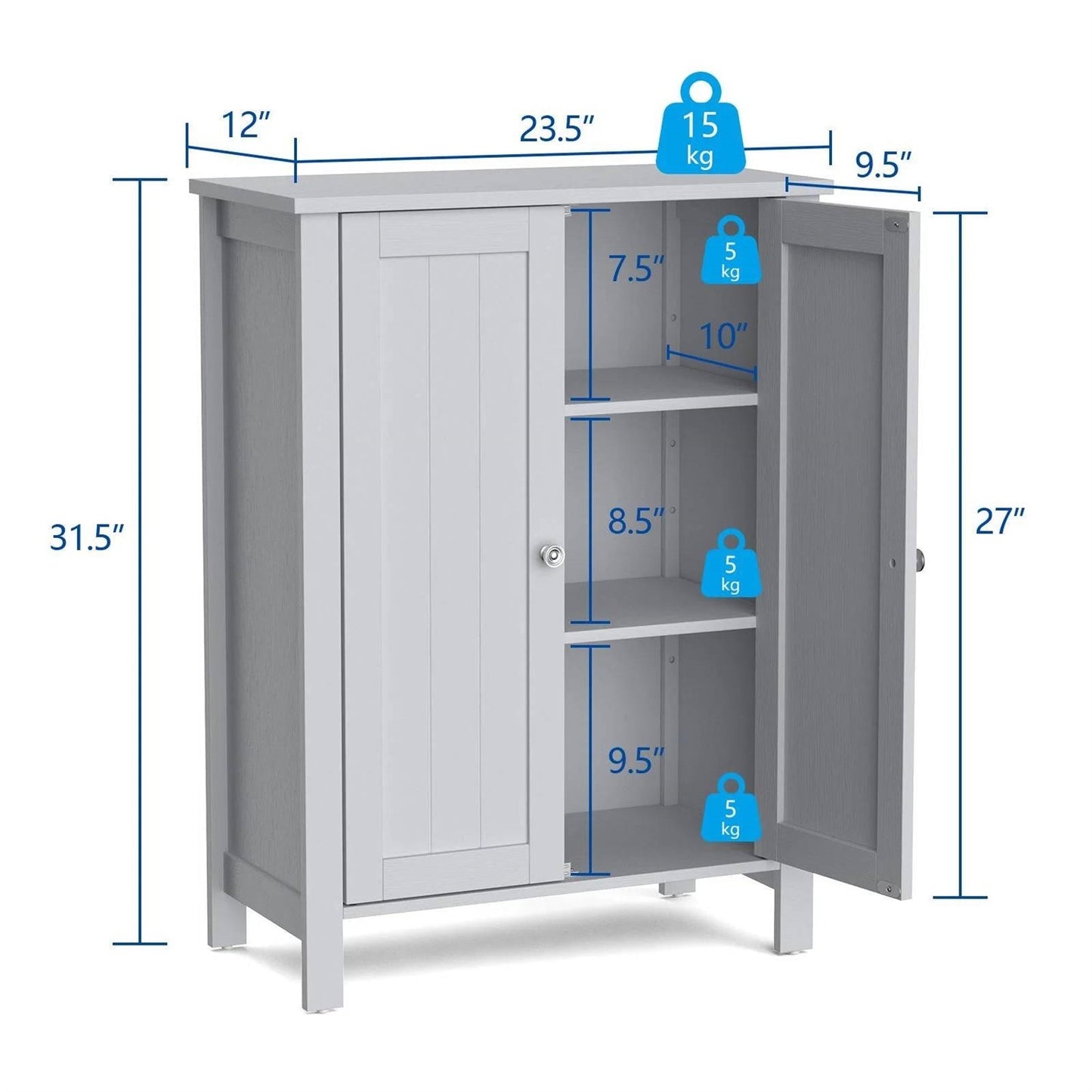 Bathroom Storage Cabinet with Adjustable Shelves in Grey Wood Finish