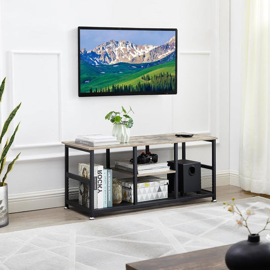 Industrial Modern Black Metal Grey Wood TV Stand with Media Storage Shelf