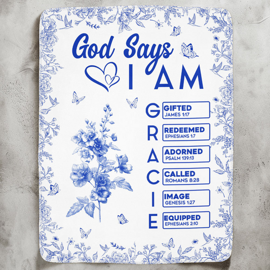 God Says I Am Name Letter In Bible Birth Flower Toile De Jouy Style - Personalized Custom Blanket - Christian Gift, Bible Verses