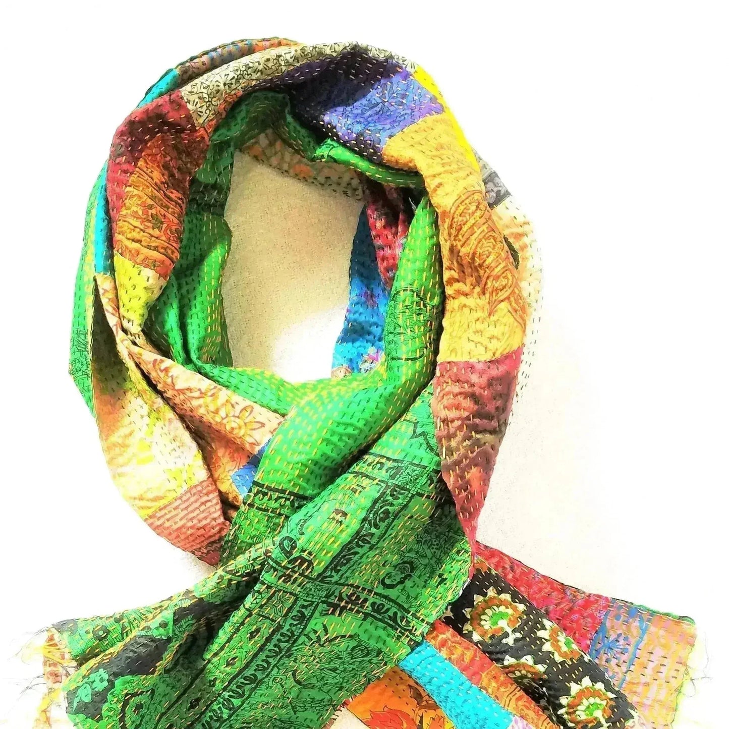 Vintage Silk Saree Kantha throw - Hand Stitched Upcycled
