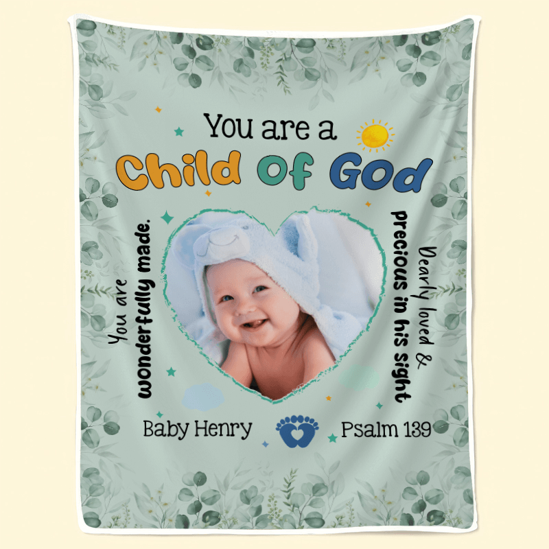 Customized Newborn Photo Blanket, Personalized Gift with Name & Picture - You Are A Child Of God | New Infant, Baby Girl, Boy, Granddaughter, Grandson