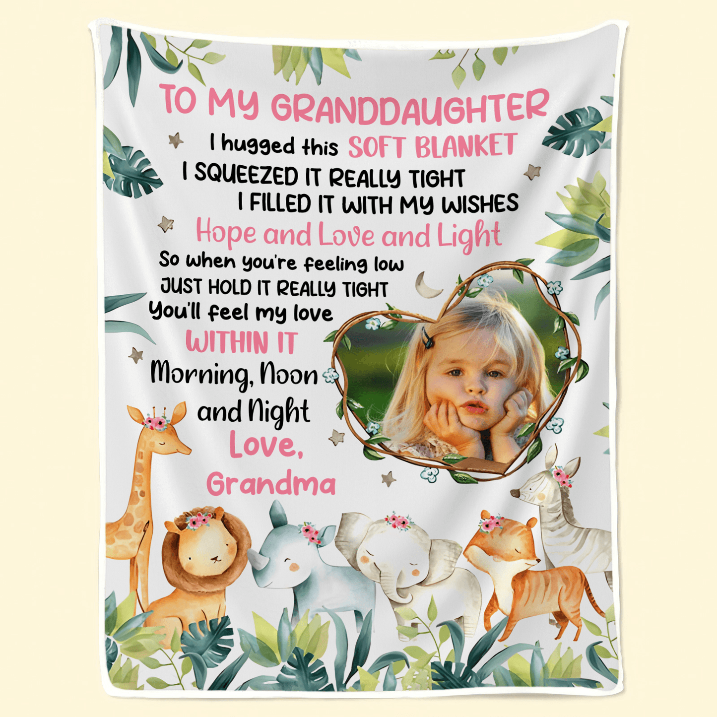 Custom Photo Safari Animals Nursery Blanket For Grandkids | Personalized Gift For Granddaughters, Grandsons, Daughters, Sons | Blanket