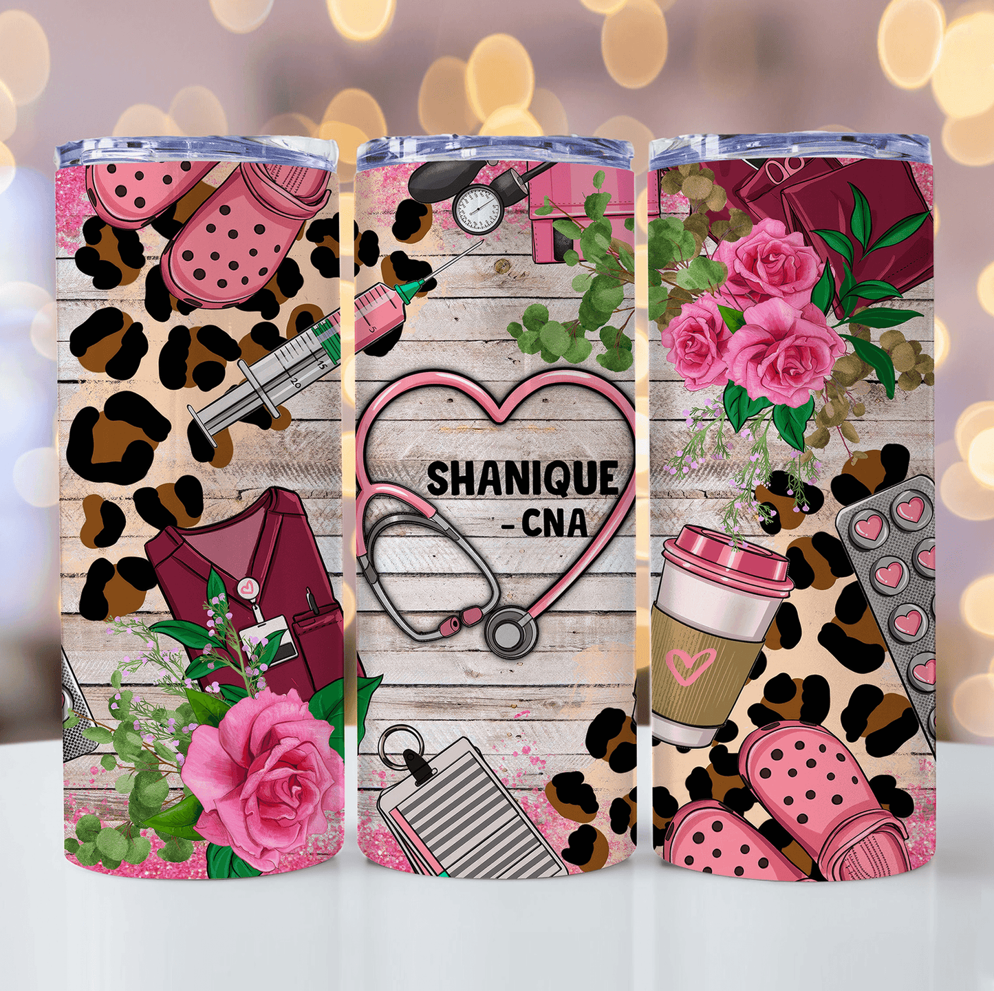 Pink Leopard Prints Lace Floral Nurse - Personalized Custom 20oz Skinny Tumbler Cup - Birthday, Loving, Funny Gift for Nurse, CNA, Healthcare, Registered RN