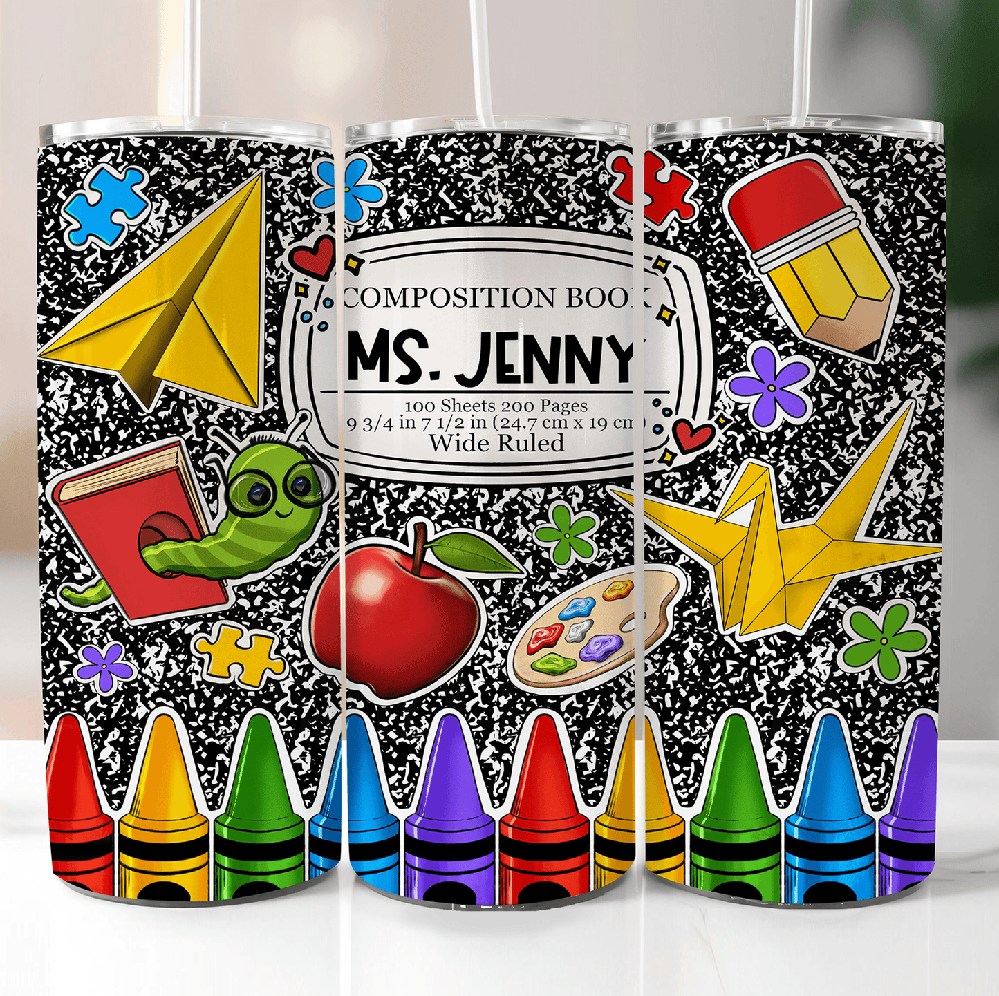 Composition Book Tumbler For Teachers - Personalized Custom 20oz Skinny Tumbler Cup - Back To School/ First Day Of School, Loving, Funny Gift for Teacher, Kindergarten, Preschool, Pre K, Paraprofessional