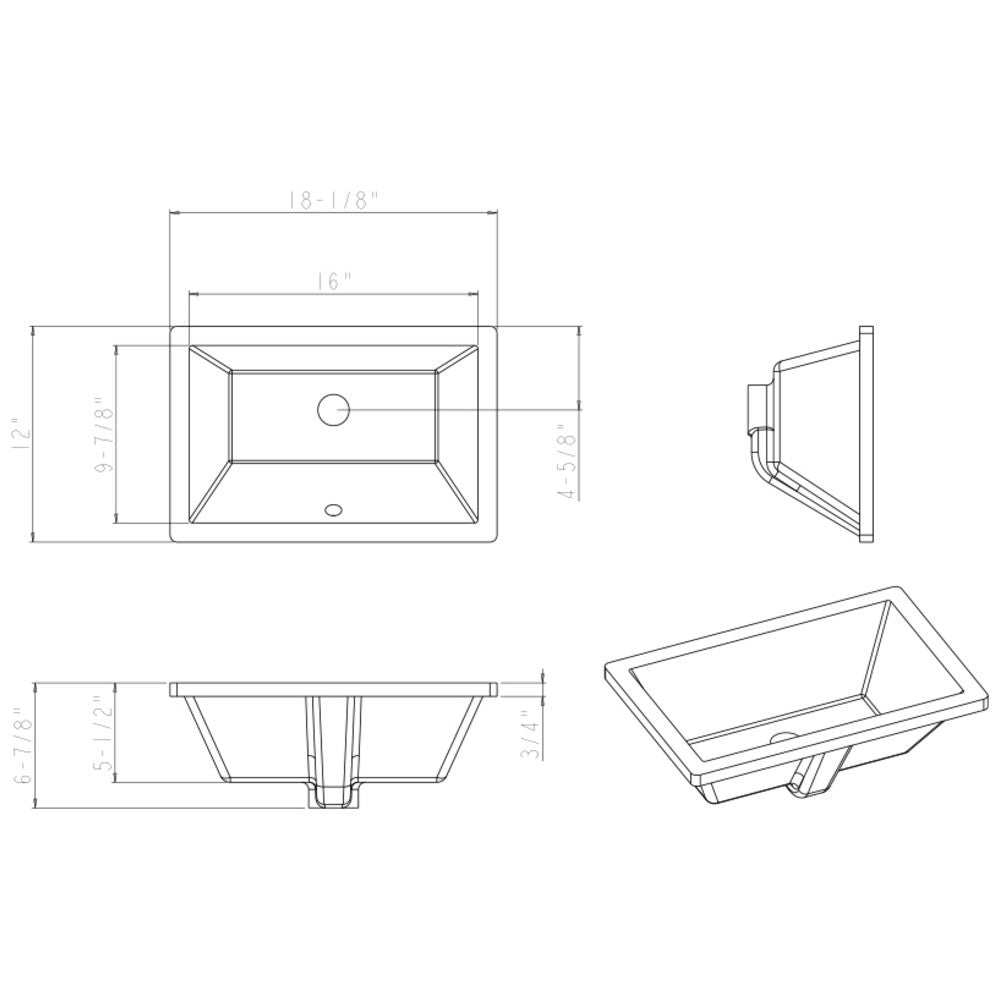 16" L x 9-7/8" W White Rectangle Undermount Porcelain Bathroom Sink With Overflow