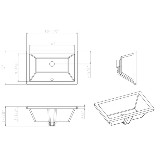 16" L x 9-7/8" W White Rectangle Undermount Porcelain Bathroom Sink With Overflow
