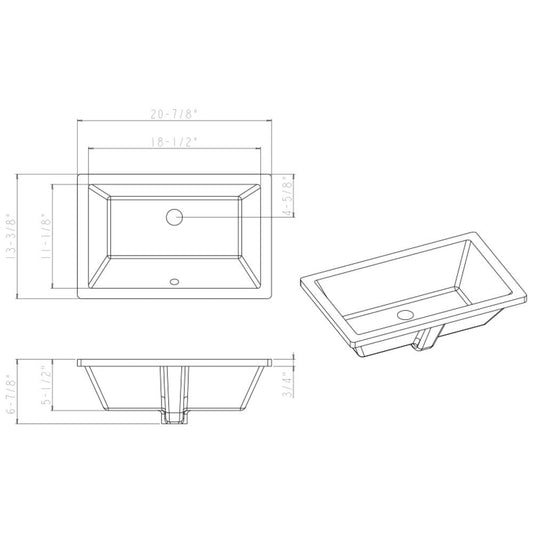 18-1/2" L x 11-1/8" W White Rectangle Undermount Porcelain Bathroom Sink With Overflow