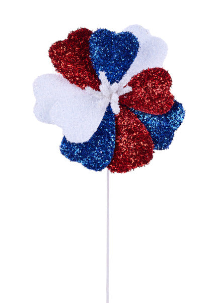 7.75"DIA V-CUT FOIL FLOWER STEM, 17"OAL RED/WHITE/BLUE