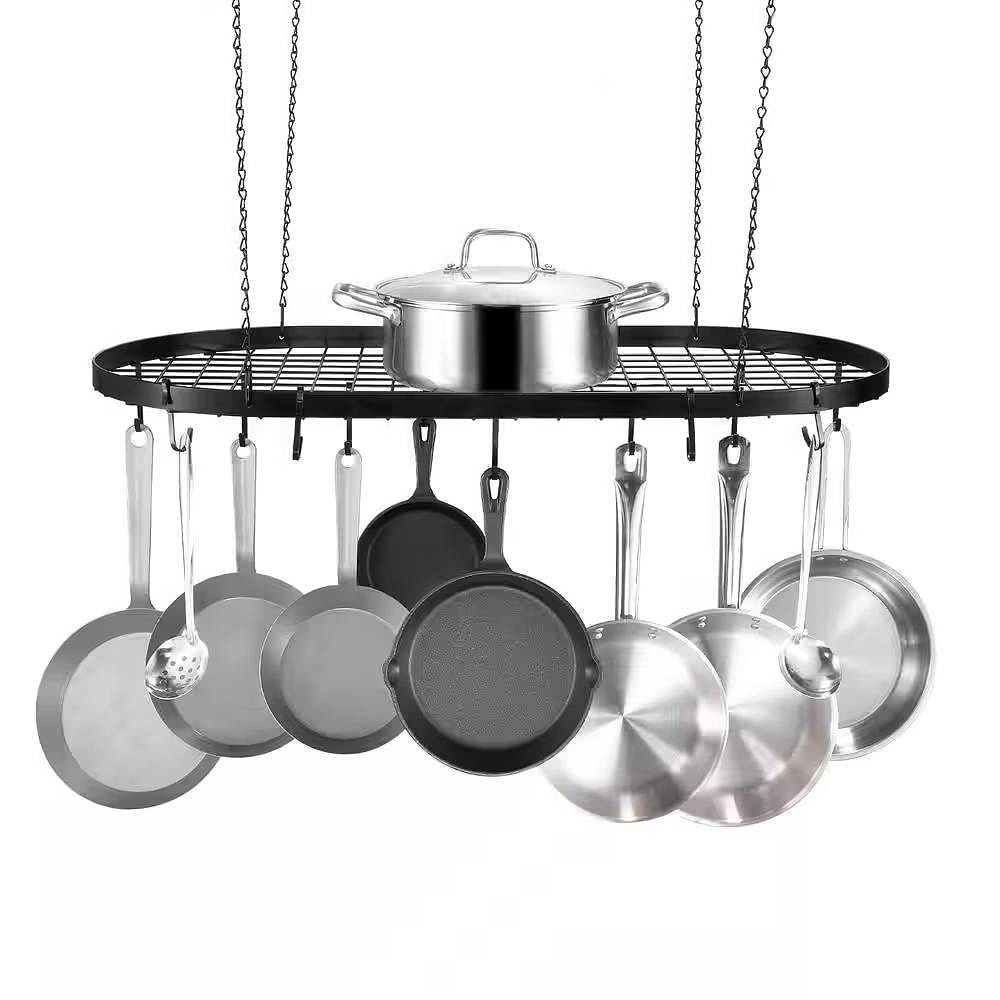 Black Carbon Steel Ceiling Mount Oval Hanging Kitchen Pot Rack with 12