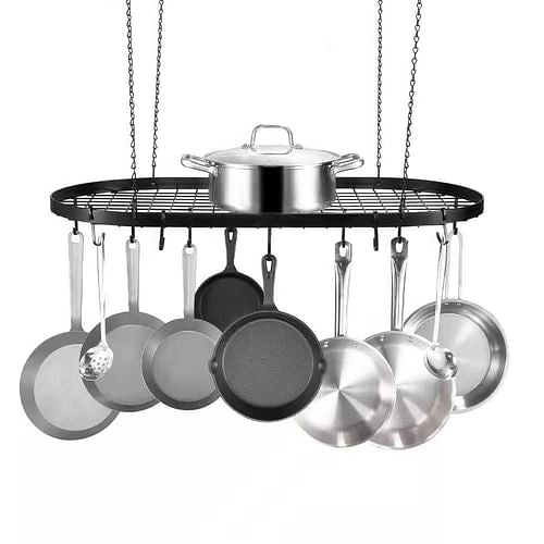 Black Carbon Steel Ceiling Mount Oval Hanging Kitchen Pot Rack with 12