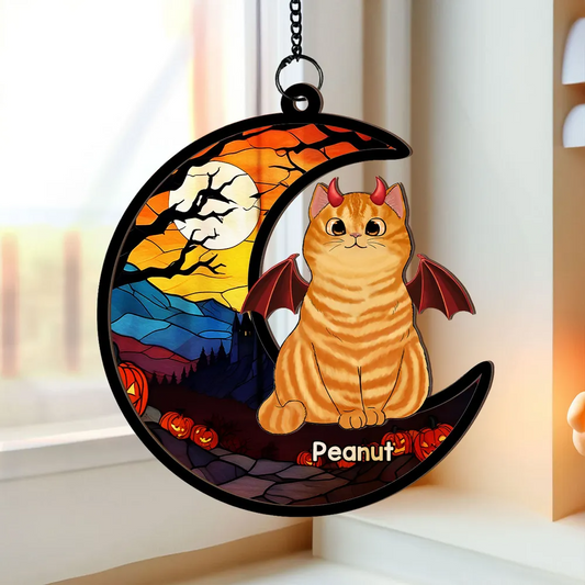 Halloween Cat On Moon - Personalized Window Hanging Suncatcher Ornament - Gift For Cat Mom, Cat Dad, Cat Lovers