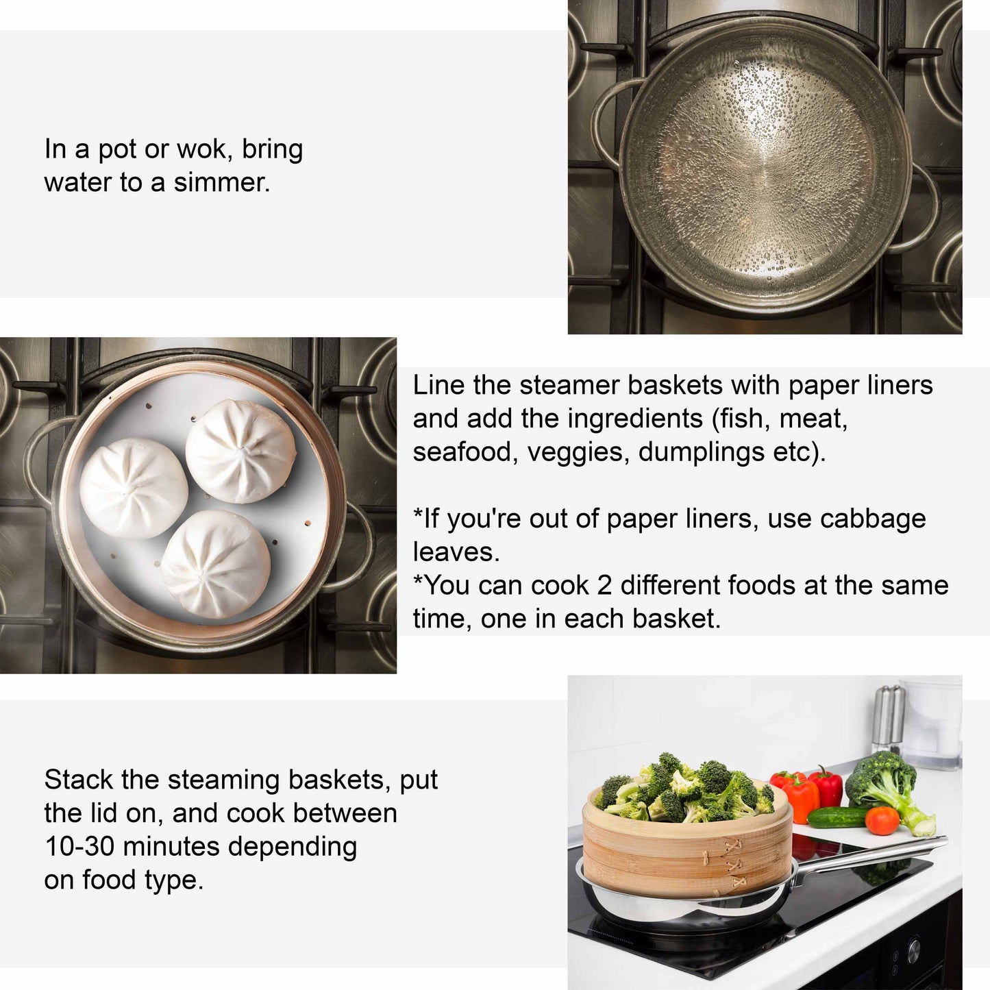 2-Tier Bamboo Steamer for Cooking Dumplings, Vegetables, Meat, Fish | Kitchen + Metal
