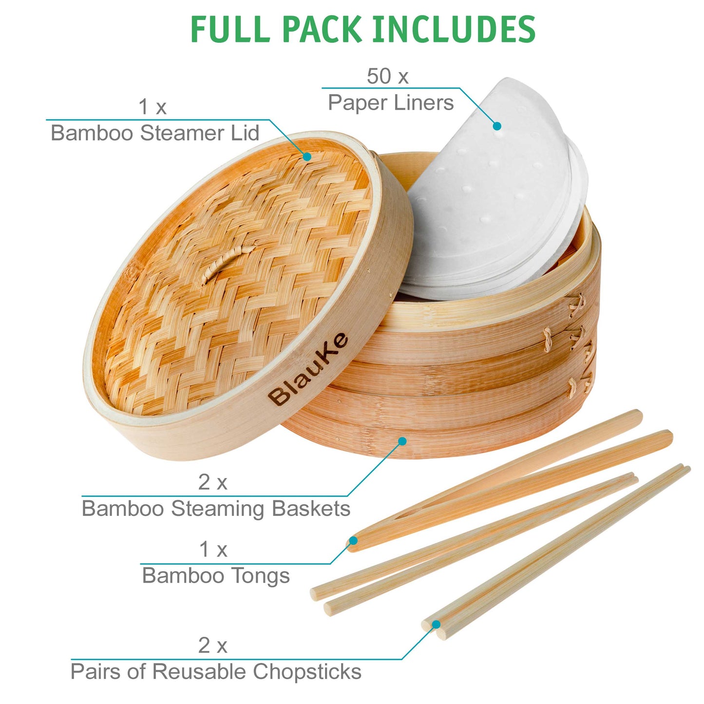2-Tier Bamboo Steamer for Cooking Dumplings, Vegetables, Meat, Fish | Kitchen + Metal