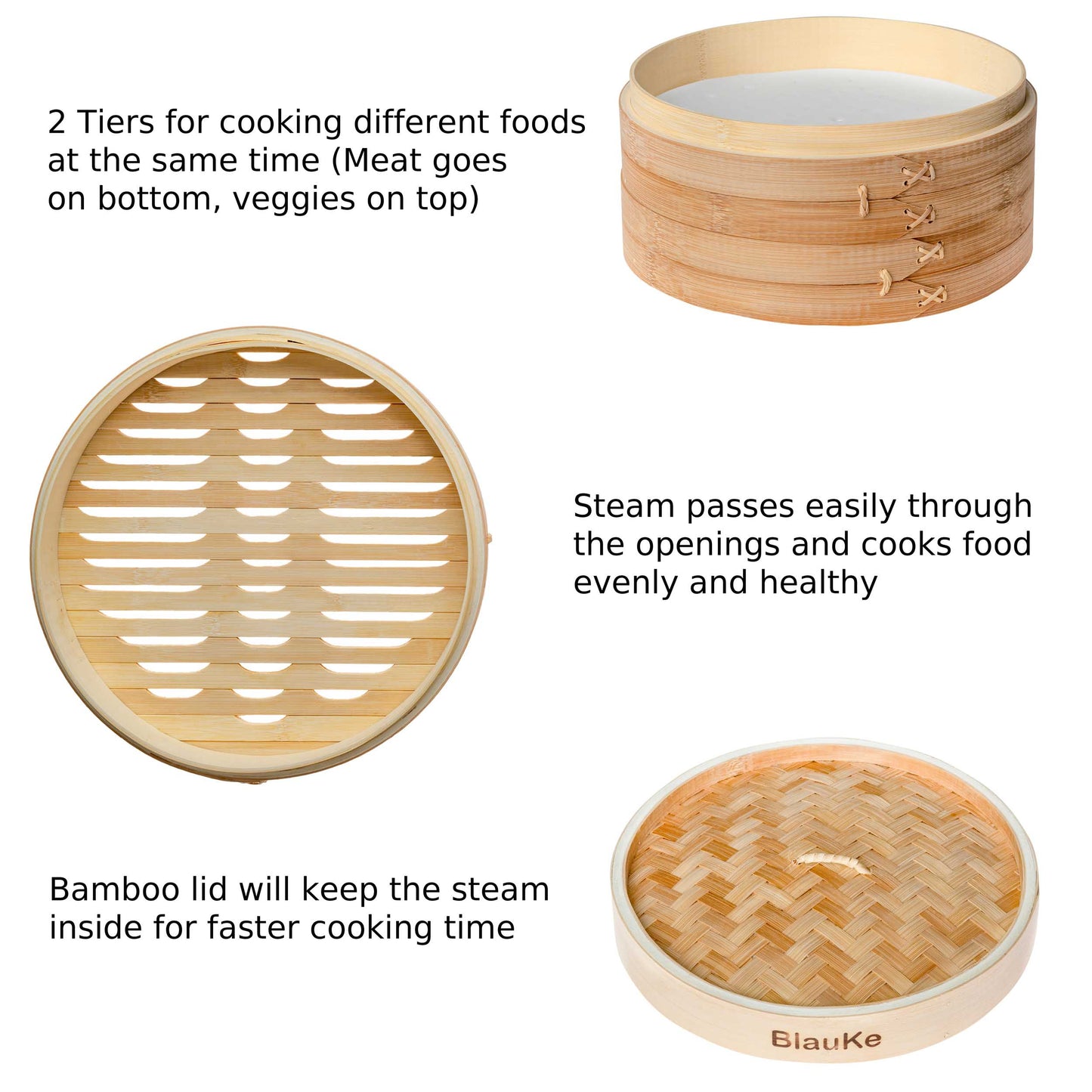 2-Tier Bamboo Steamer for Cooking Dumplings, Vegetables, Meat, Fish | Kitchen + Metal