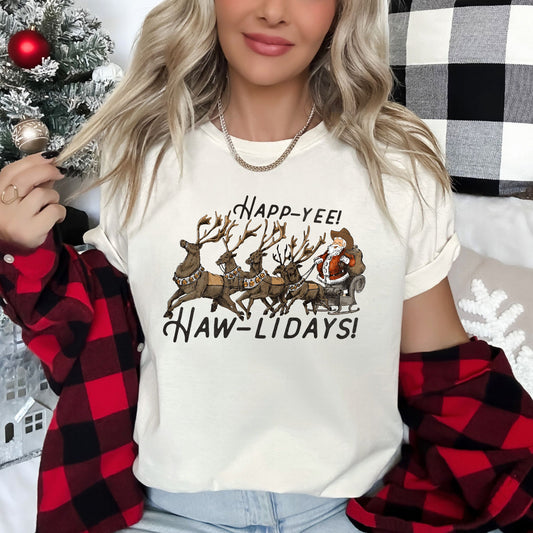 Happy Holidays, Yee Haw, Santa Cowboy, Reindeer Super Soft Tees