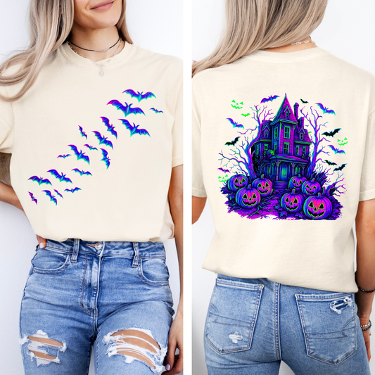 Haunted House, Halloween, Bright Colors, Bats, Spooky, Ghosts, Comfort Colors T-Shirt