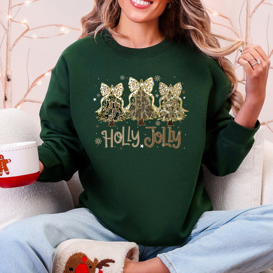Holly Jolly, Camo Christmas Tree, Santa, Ribbons, Bows Sweatshirt