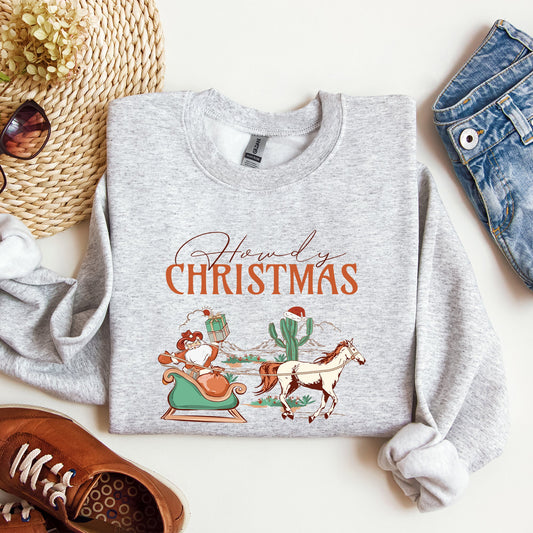 Howdy Christmas, Cowboy Santa, Western, Sleigh, Horse, Country, Xmas Sweatshirt