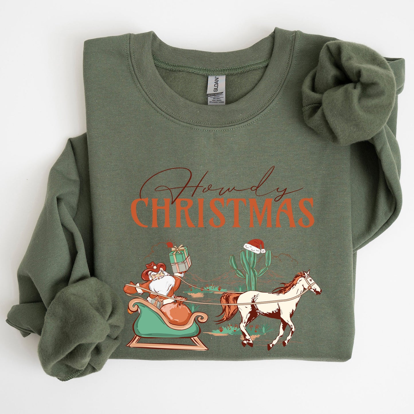 Howdy Christmas, Cowboy Santa, Western, Sleigh, Horse, Country, Xmas Sweatshirt