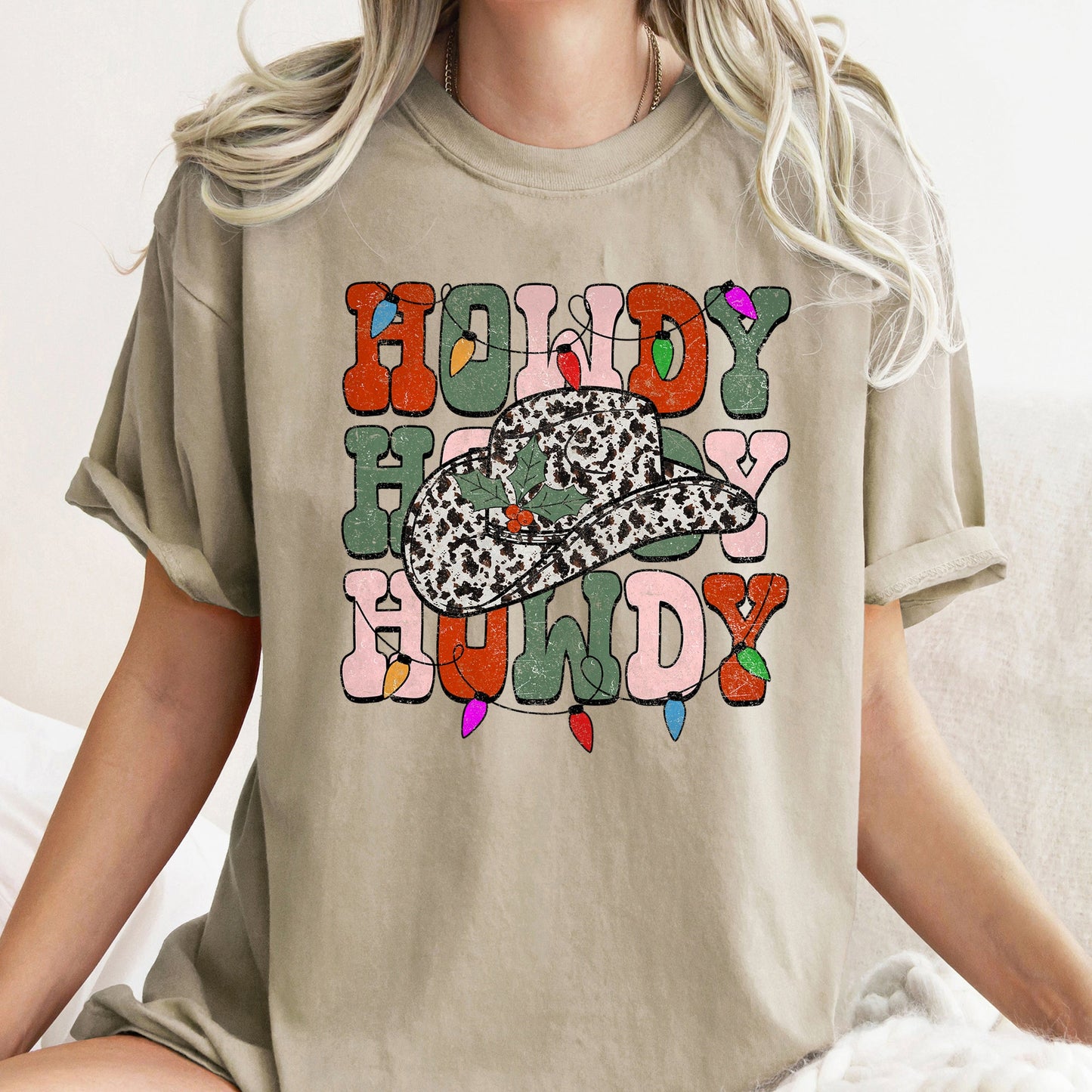 Howdy Christmas, Leopard Print Cowboy Hat, Retro Text, Comfort Colors, Tshirt