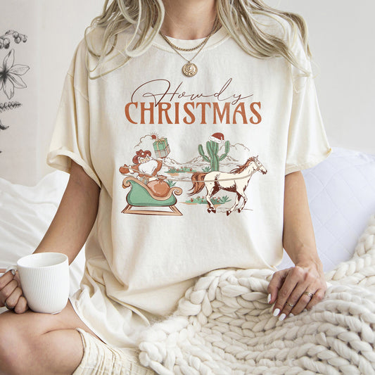 Howdy Christmas, Santa Cowboy, Horse, Sleigh, Desert, County, Western, Comfort Colors, Tshirt