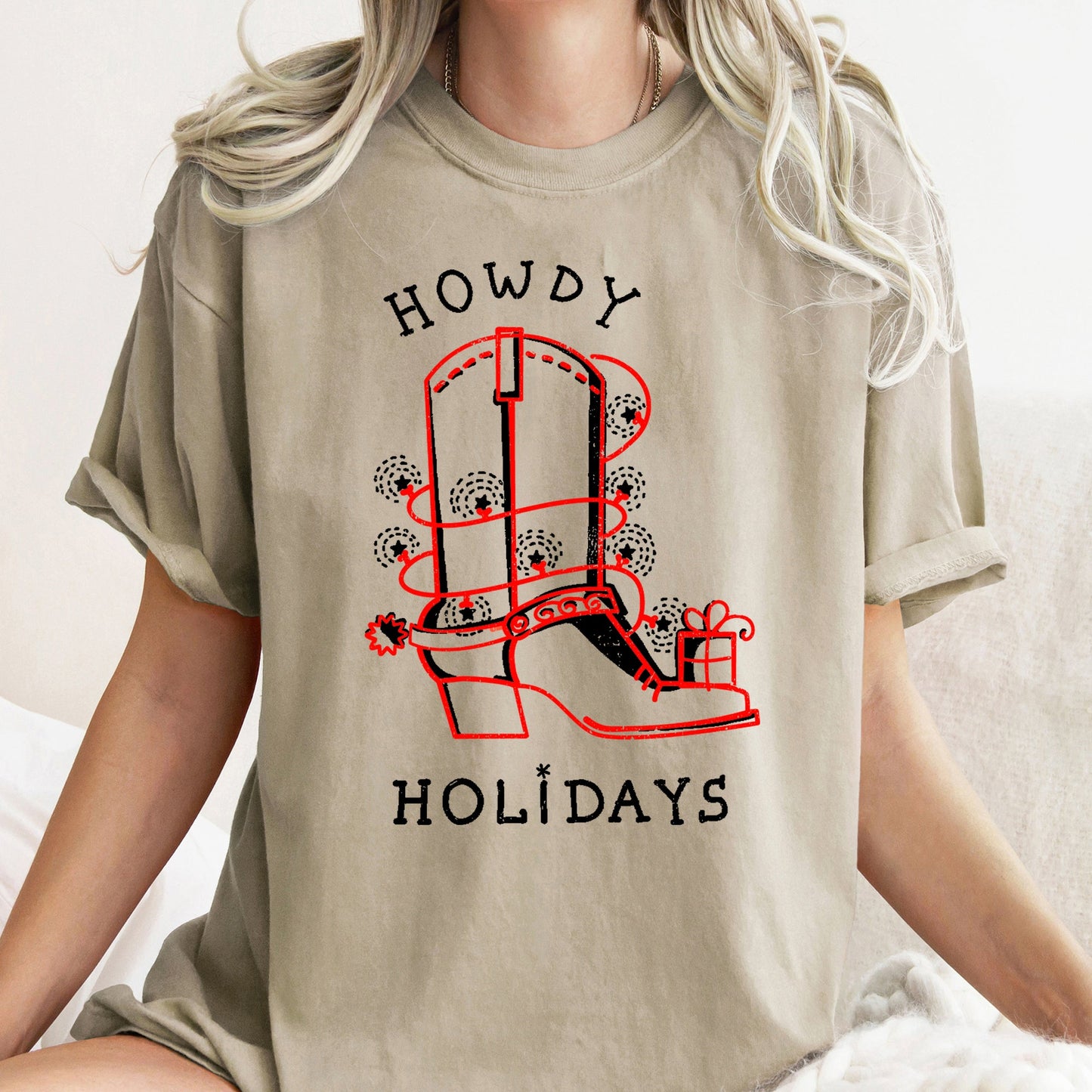 Howdy Holidays, Christmas, Cowboy Boot, Retro, Comfort Colors, Tshirt