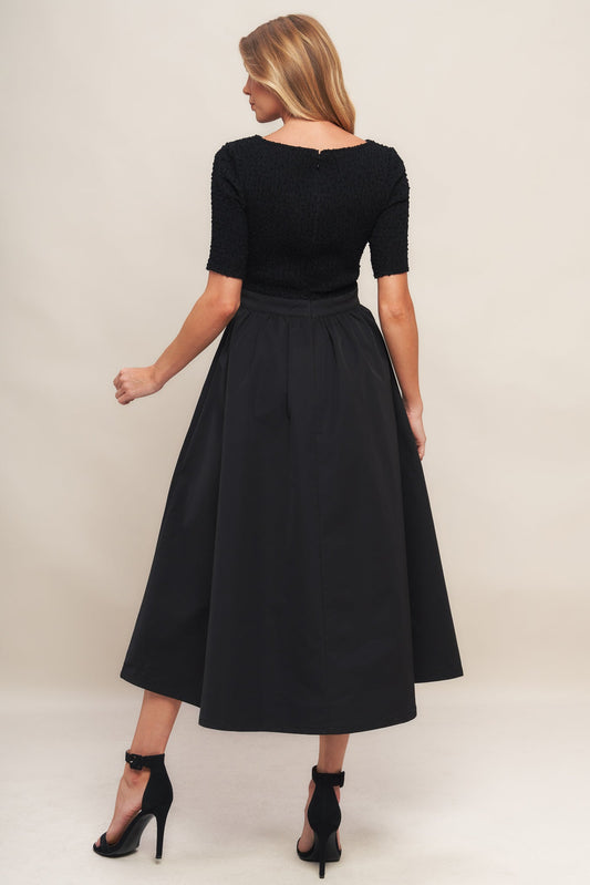 EVENING GRACE BLACK WOVEN MIDI DRESS