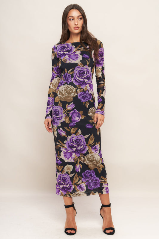 VIOLET EMBRACE POWER MESH MIDI DRESS