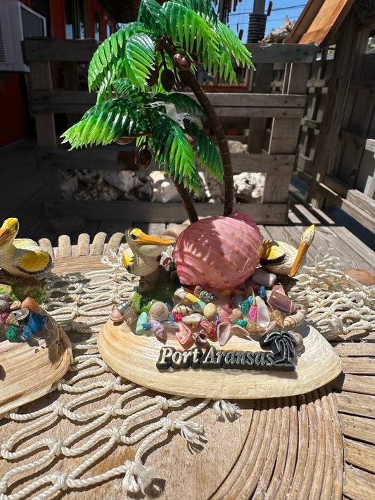 Seashell Beach Scene with Pelicans