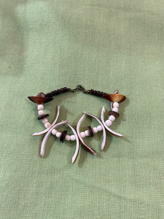 Vintage Pink and Brown Carved Shell Bracelet - Handmade Coastal Jewelry