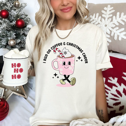 I Run On Coffee, Christmas Cheer, Retro, Comfort Colors, Tshirt