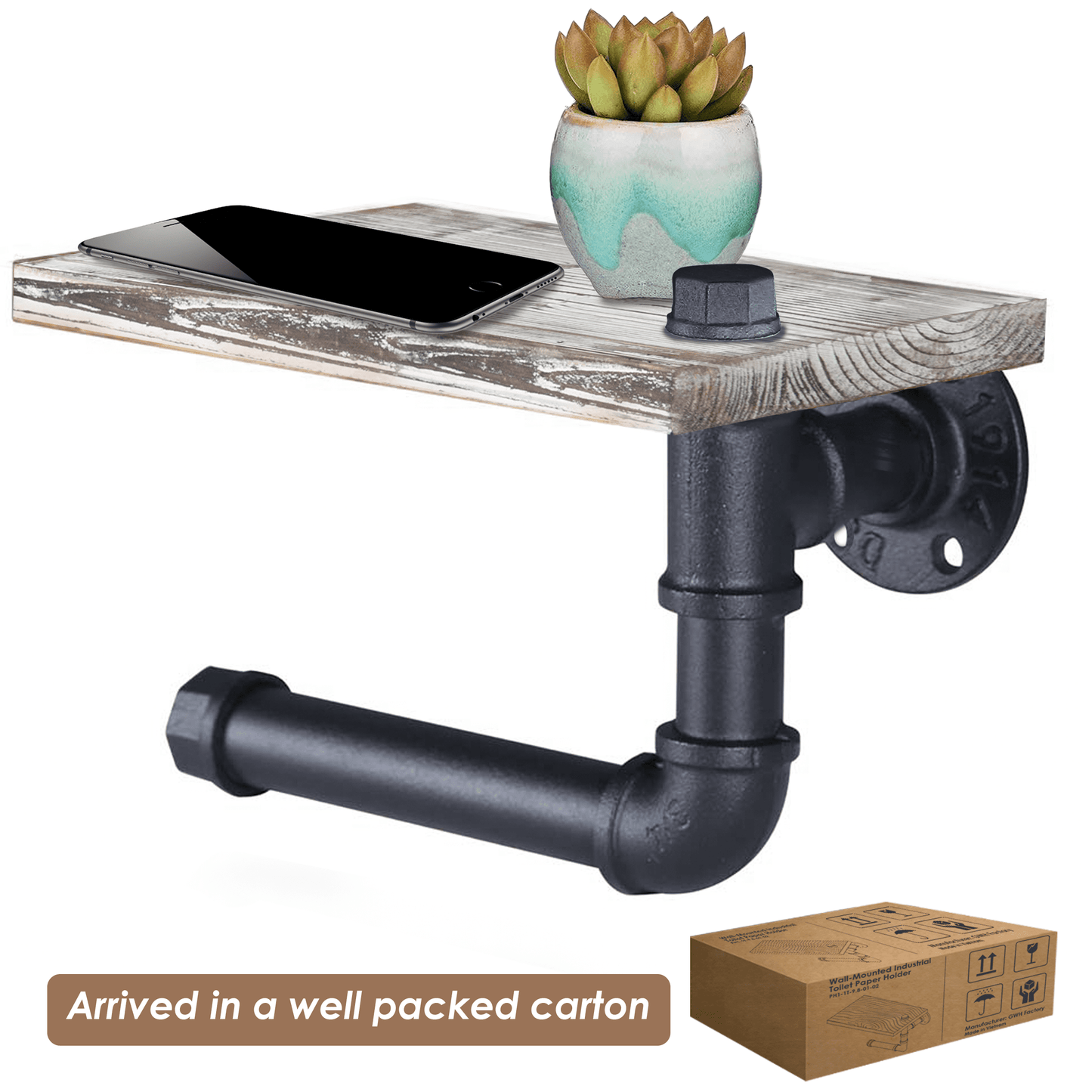 (9.8 in - Rustic White) Industrial Toilet Paper Holder with Shelf,