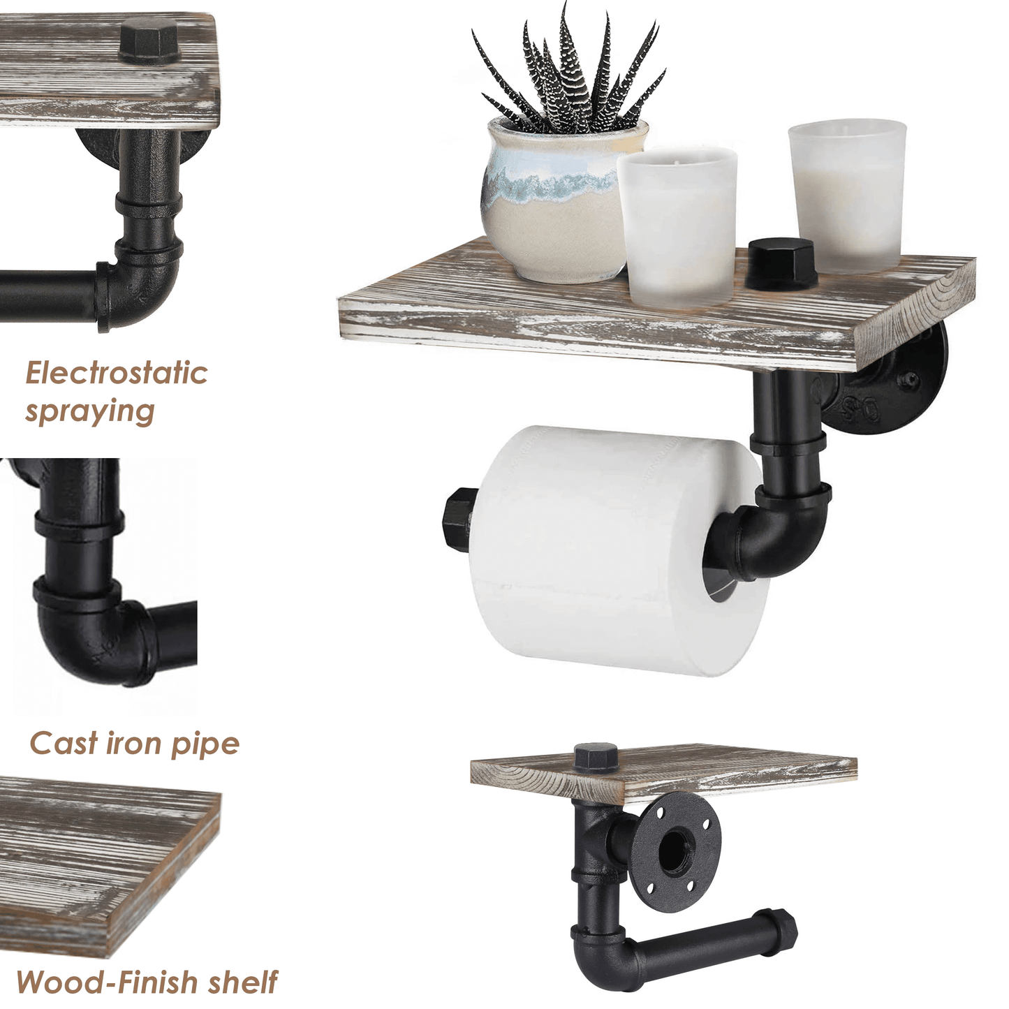 (9.8 in - Rustic White) Industrial Toilet Paper Holder with Shelf,