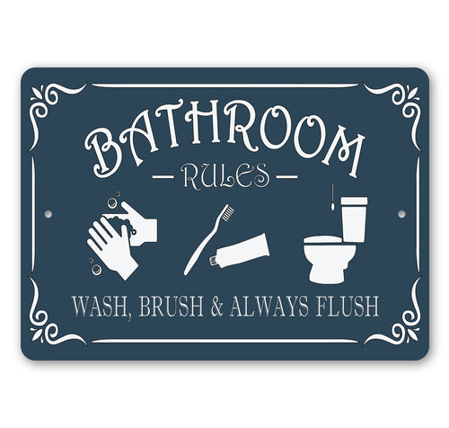Navy blue sign with white text and icons for bathroom rules on a white background