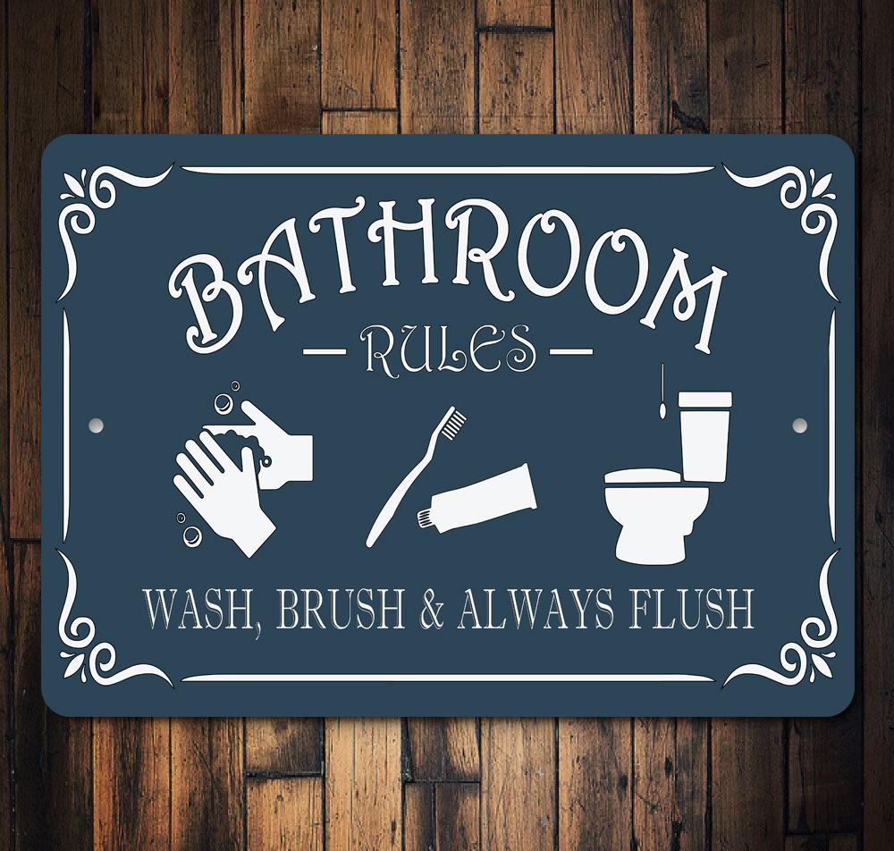Bathroom rules sign with illustrations on a wooden background