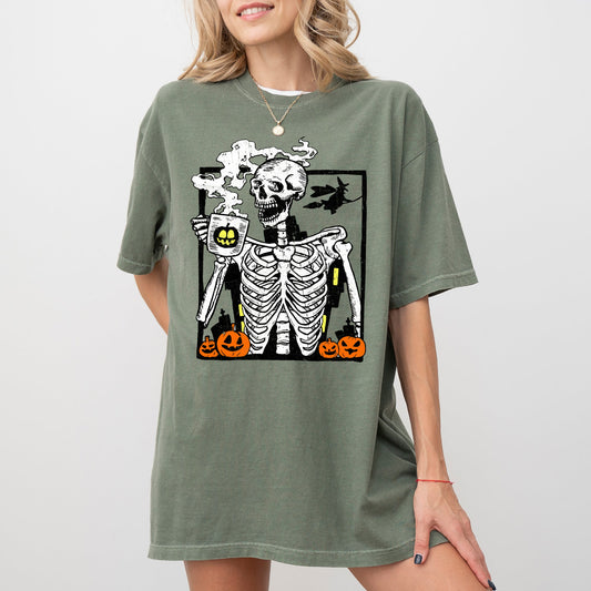 Coffee Lover Skeleton, Funny, Witch, Aesthetic, Meme, Halloween, Spooky, Costume, Tshirt Comfort Colors T-Shirt