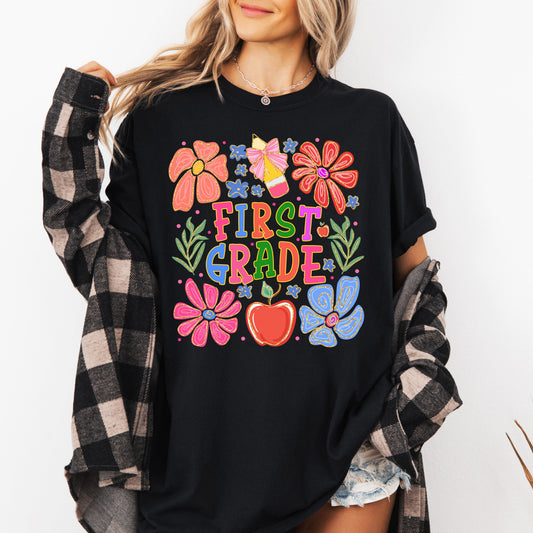 First Grade, Boho, Teacher, Back to School, Floral, First Day of School, Cute, Teacher Appreciation, Coquette, Comfort Colors T-Shirt