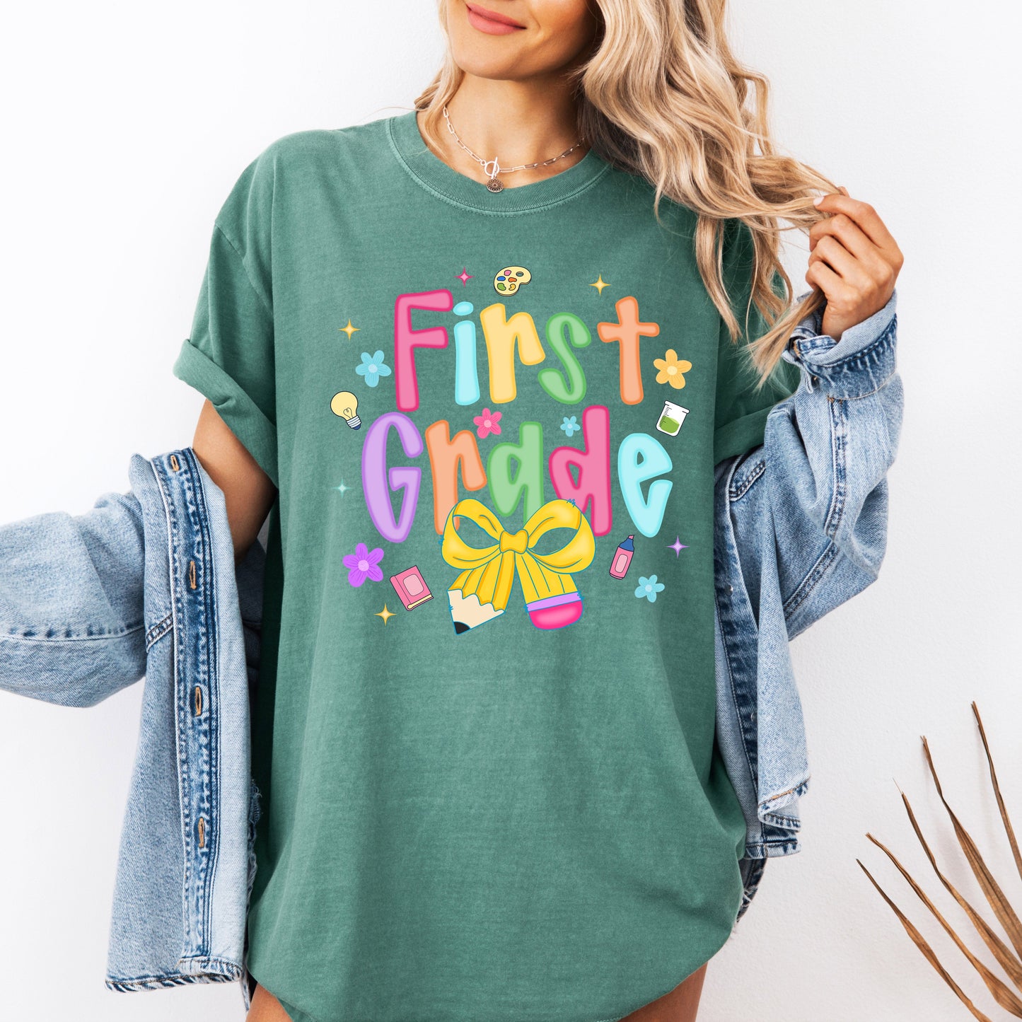 First Grade, Teacher, Back to School, Neon, Bow, First Day of School, Cute, Teacher Appreciation, Coquette, Comfort Colors T-Shirt