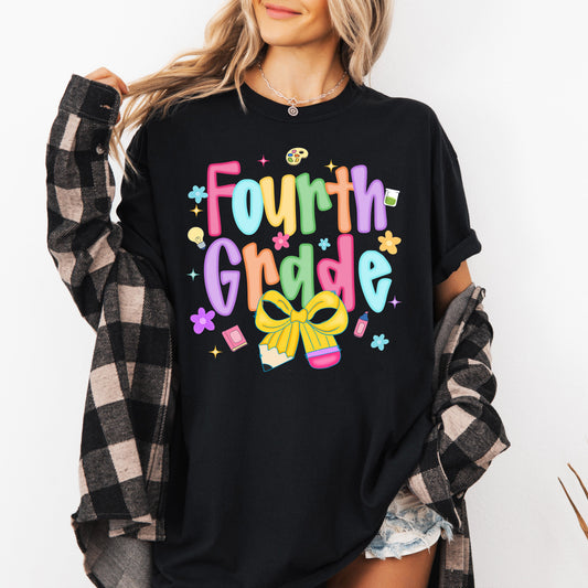 Fourth Grade, Teacher, Back to School, Neon, Bow, First Day of School, Cute, Teacher Appreciation, Coquette, Comfort Colors T-Shirt