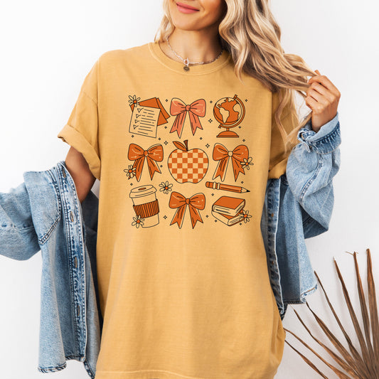 Back to School, Bow, Teacher Icons, Coffee, First Day of School, Cute, Teacher Appreciation, Coquette, Comfort Colors T-Shirt