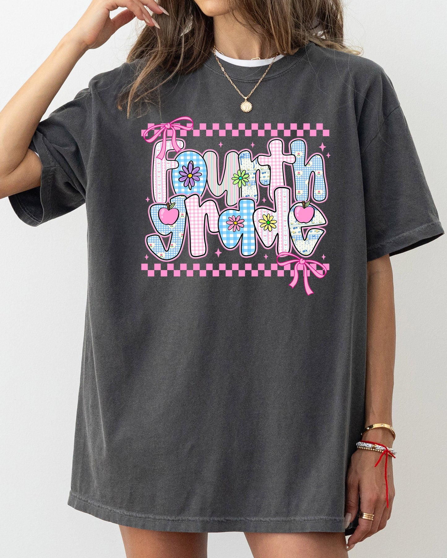 Fourth Grade Teacher, Retro, Checkered, Back to School, First Day of School, Cute, Teacher Appreciation, Coquette, Comfort Colors T-Shirt