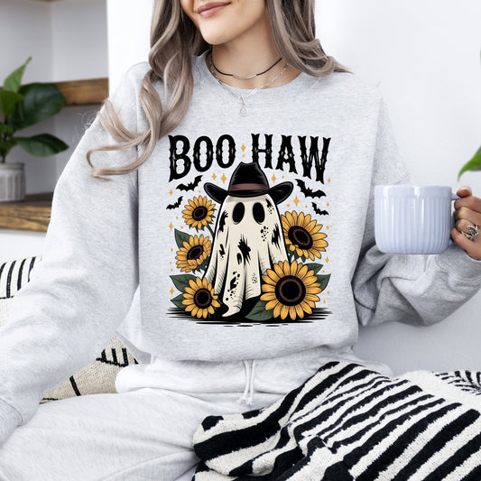 Boo Haw, Cowboy Ghost, Halloween, Western, Sunflowers, Vintage, Pumpkin, Retro, Spooky, Costume, Fall, Graphic Sweatshirt