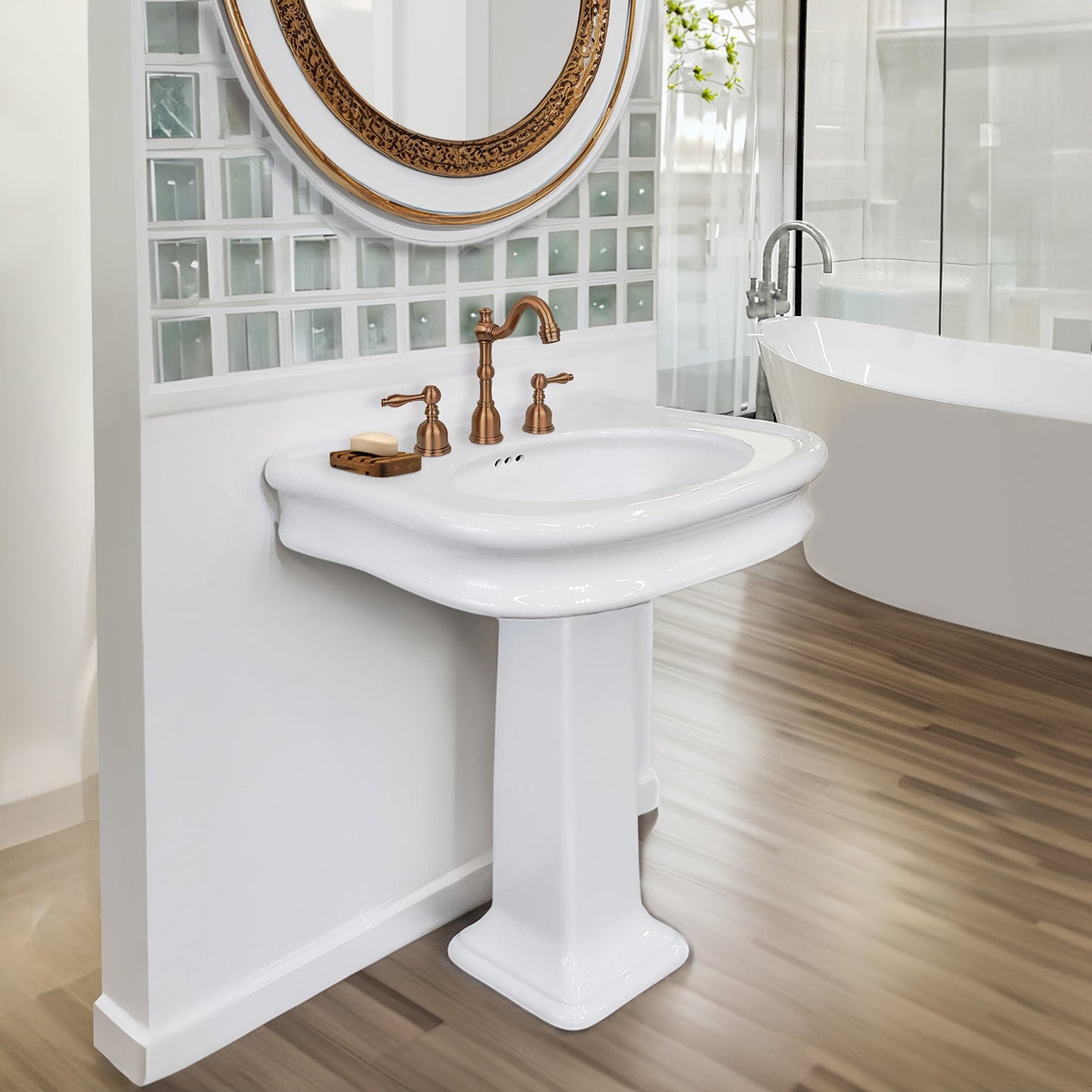 Isabella Collection Traditional Pedestal Sink with Integrated Oval Bowl, Seamless Rounded Decorative Trim, Rear Overflow and Hole Faucet Drill