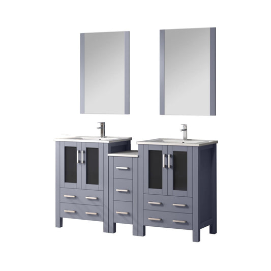 Volez 60 in W Dark Grey Double Bath Vanity with Side Cabinet, Faucet Set, White Ceramic Top, and 22 in Mirrors