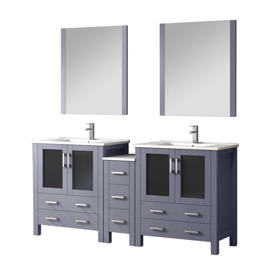 Volez 72 in W Dark Grey Double Bath Vanity with Side Cabinets, Faucet Set, White Ceramic Top, and 28 in Mirrors