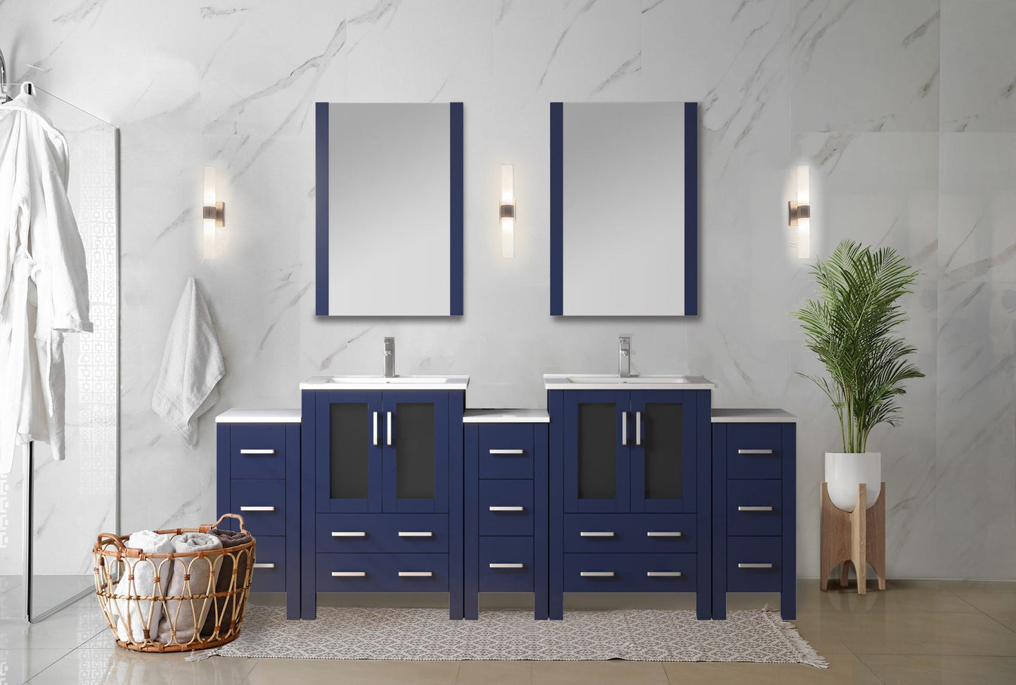 Volez 84 in W Navy Blue Double Bath Vanity with Side Cabinet