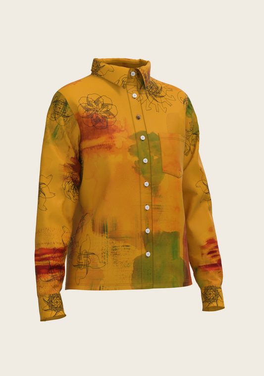 Horse Flower Fair on Ochre Loose Fitting Button Shirt