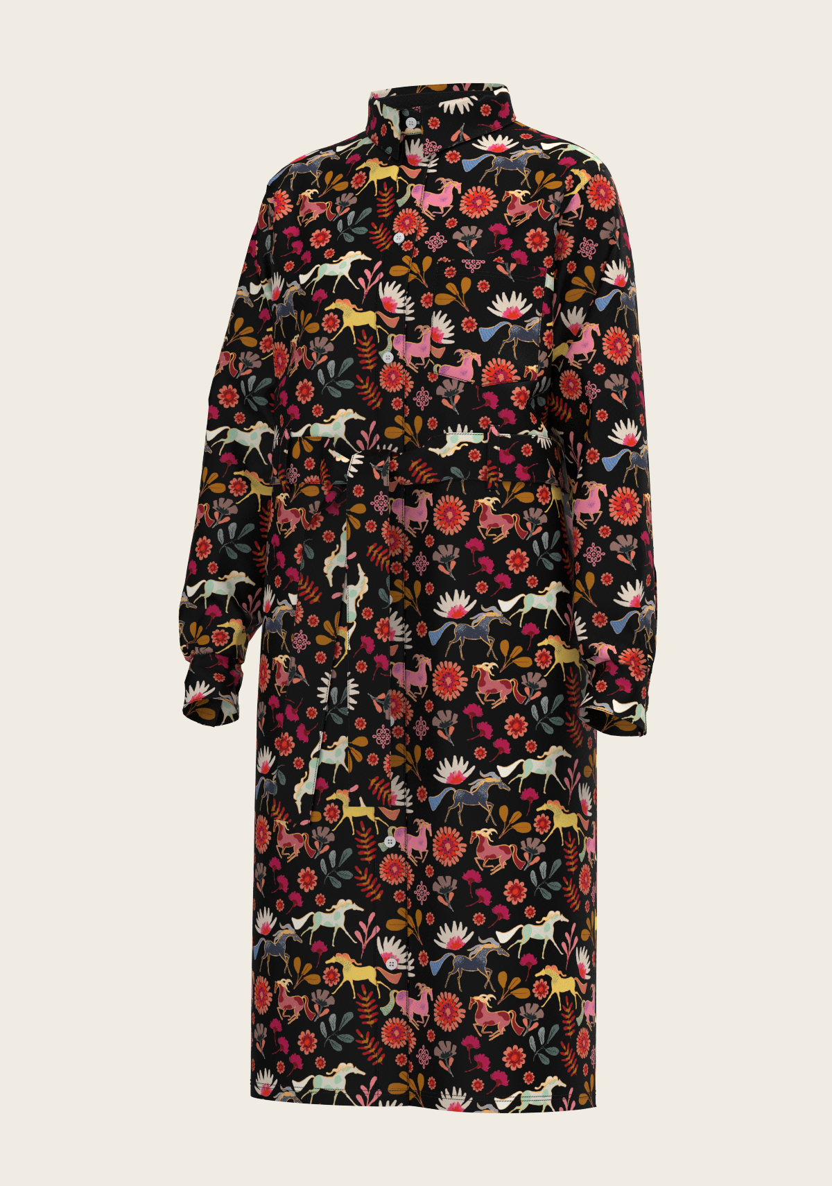 Bouquet on Black Long Sleeve Shirt Dress